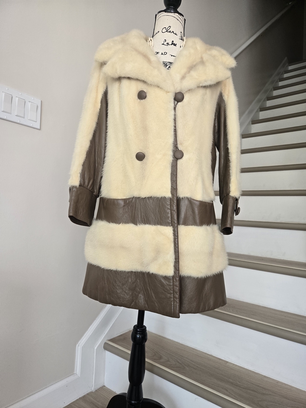 Ivory Real MINK Brown Leather Trench Coat Sz S/M Vintage Jacket